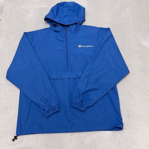 Champion Packable Wind and Water Resistant  Blue Half Zip Hooded Jacket Sz M - Picture 2 of 10
